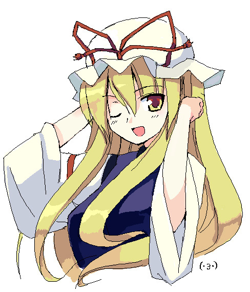 seo tatsuya, yakumo yukari, touhou, 1girl, adjusting hair, female focus, hat, one eye closed, simple background, solo, upper body, white background, wink