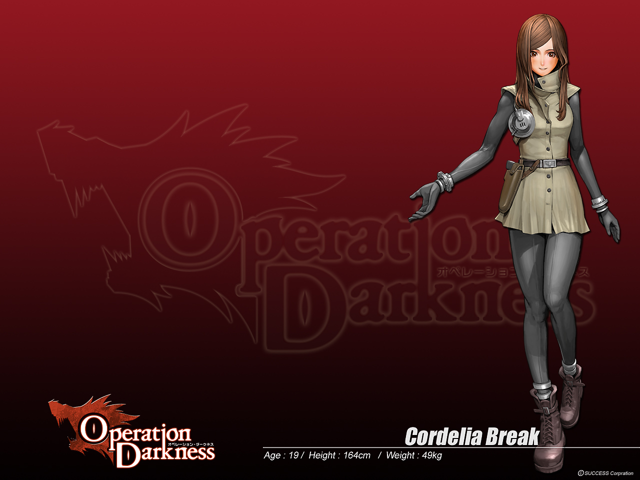 sugiura yoshio, cordelia blake, operation darkness, official art, official wallpaper, 1girl, anklet, belt, blush, bodysuit, boots, bracelet, brown eyes, brown hair, combat boots, dress, female focus, gloves, gun, handgun, holster, jewelry, long hair, military, military uniform, pantyhose, pistol, short dress, smile, solo, weapon