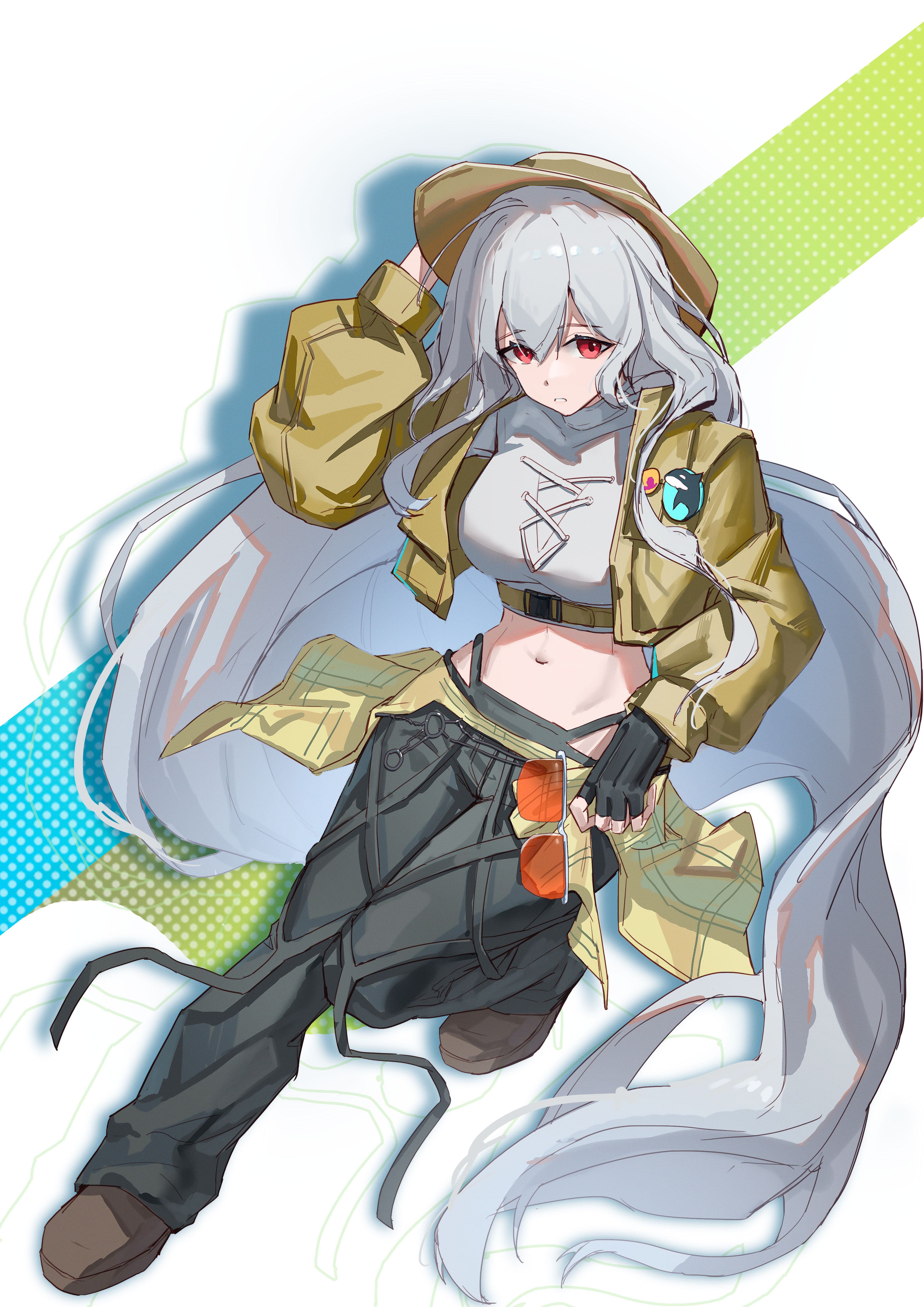 fenglai thewind, skadi (arknights), arknights, absurdres, highres, 1girl, alternate costume, alternate hairstyle, black gloves, black pants, breasts, brown shoes, crop top, cropped jacket, fingerless gloves, floating hair, full body, gloves, green hat, green jacket, hair between eyes, hat, holding, holding removed eyewear, jacket, leaning to the side, long hair, long sleeves, looking at viewer, medium breasts, navel, orca, pants, parted lips, pin, polka dot, polka dot background, red eyes, shadow, shoes, solo, standing, standing on one leg, strap, sunglasses, turtleneck, unworn eyewear, very long hair, white background, white hair