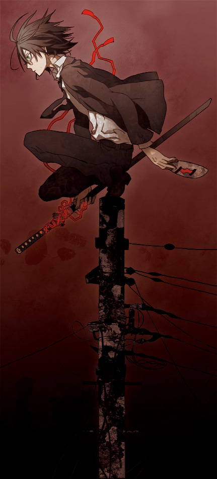 sena (mineruba), sena (pixiv), itoshiki nozomu, sayonara zetsubou sensei, 00s, 1boy, ahoge, black hair, formal clothes, from side, glasses, green eyes, katana, male focus, mask, necktie, on top of pole, power lines, profile, red theme, short hair, solo, suit, sword, utility pole, weapon