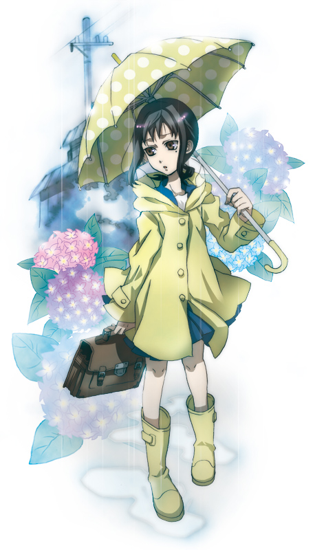 sena (mineruba), sena (pixiv), kaga ai, sayonara zetsubou sensei, bad id, bad pixiv id, 00s, 1girl, black hair, boots, briefcase, brown eyes, female focus, flower, hydrangea, mole, mole under eye, polka dot, rain, raincoat, school briefcase, solo, umbrella, utility pole, yellow raincoat