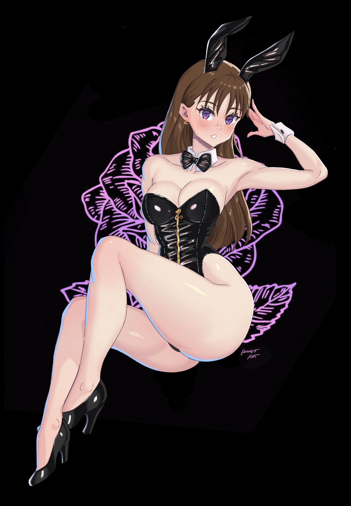 bro, emmettart, diane (nanatsu no taizai), nanatsu no taizai, 1girl, ass, bare shoulders, blush, bow, bowtie, breasts, cleavage, dark background, highleg, highleg leotard, large breasts, leotard, long hair, playboy bunny, purple eyes, rabbit ears, sleeveless
