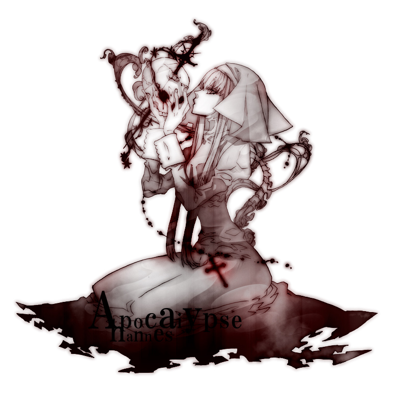sena (mineruba), sena (pixiv), hannes farrugia, beatmania iidx, bemani, pop'n music, 1girl, blood, cross, dress, female focus, from side, full body, horror (theme), macabre, monochrome, nun, skull, solo, traditional nun