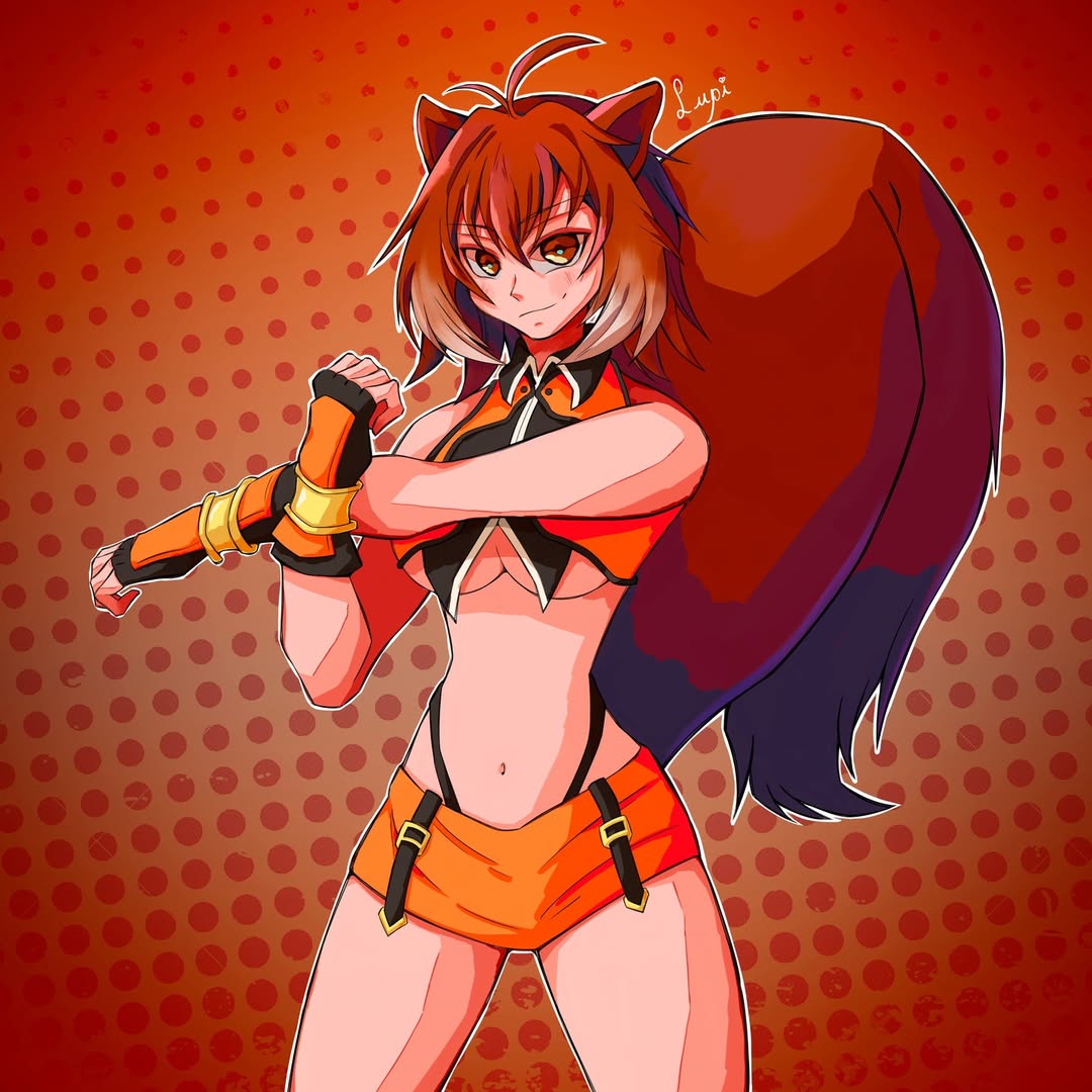 makoto nanaya, blazblue, 1girl, animal ears, bare shoulders, breasts, brown eyes, brown hair, crop top, fingerless gloves, gloves, large breasts, looking at viewer, lupi lila, microskirt, short hair, skirt, sleeveless, squirrel ears, squirrel tail, tail, underboob, white hair
