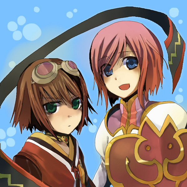 nobu (knob), estellise sidos heurassein, rita mordio, tales of (series), tales of vesperia, resized, 2girls, blue eyes, bob cut, brown hair, goggles, green eyes, multiple girls, pixiv thumbnail, shield, short hair, smile