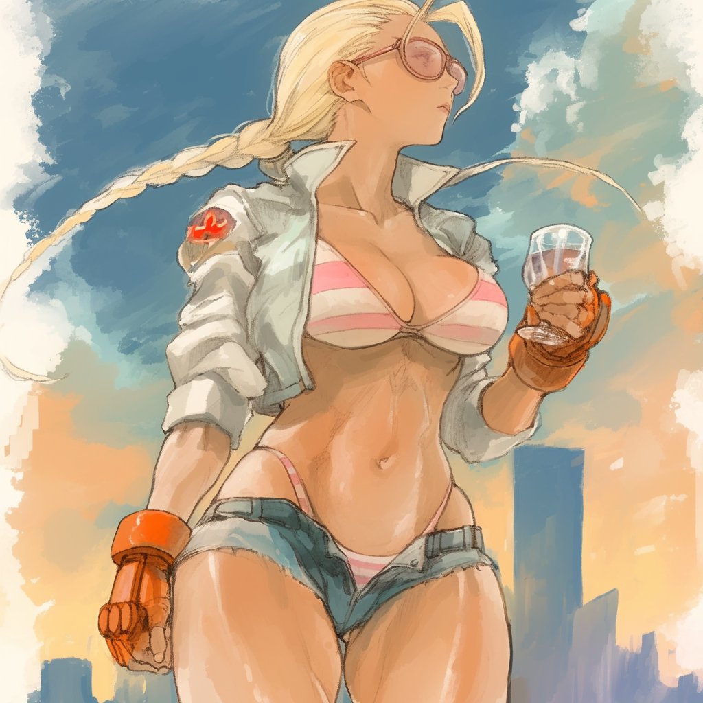 cl10000x, cammy white, street fighter, 1girl, bikini, blonde hair, braid, breasts, cleavage, cloud, cropped jacket, fingerless gloves, gloves, large breasts, lips, long hair, long sleeves, open clothes, open shorts, shorts, sunglasses, swimsuit
