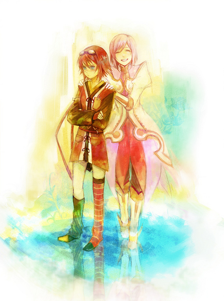 xxnicol, estellise sidos heurassein, rita mordio, tales of (series), tales of vesperia, resized, blue eyes, bob cut, goggles, pink hair, pixiv thumbnail, red hair, short hair, smile