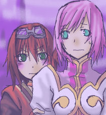 estellise sidos heurassein, rita mordio, tales of (series), tales of vesperia, lowres, 00s, 2girls, blue eyes, bob cut, goggles, goggles on head, green eyes, looking at viewer, multiple girls, pink hair