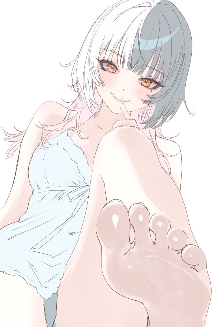 akamiya mumu, shiori novella, hololive, hololive english, 1girl, alternate costume, black hair, black panties, feet, finger to mouth, foot focus, multicolored hair, nightgown, panties, presenting foot, soles, split-color hair, tongue, tongue out, underwear, virtual youtuber, white hair, white nightgown, yellow eyes
