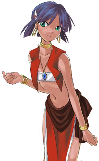 ayamoto, nadia la arwall, fushigi no umi no nadia, gainax, bad id, bad pixiv id, 1990s (style), 1girl, bandeau, bandeau bikini, bare shoulders, bracelet, dark-skinned female, dark skin, earrings, female focus, green eyes, hair ornament, hairclip, jewelry, loincloth, midriff, neck ring, necklace, pelvic curtain, purple hair, retro artstyle, short hair, solo, strapless, tube top, vest