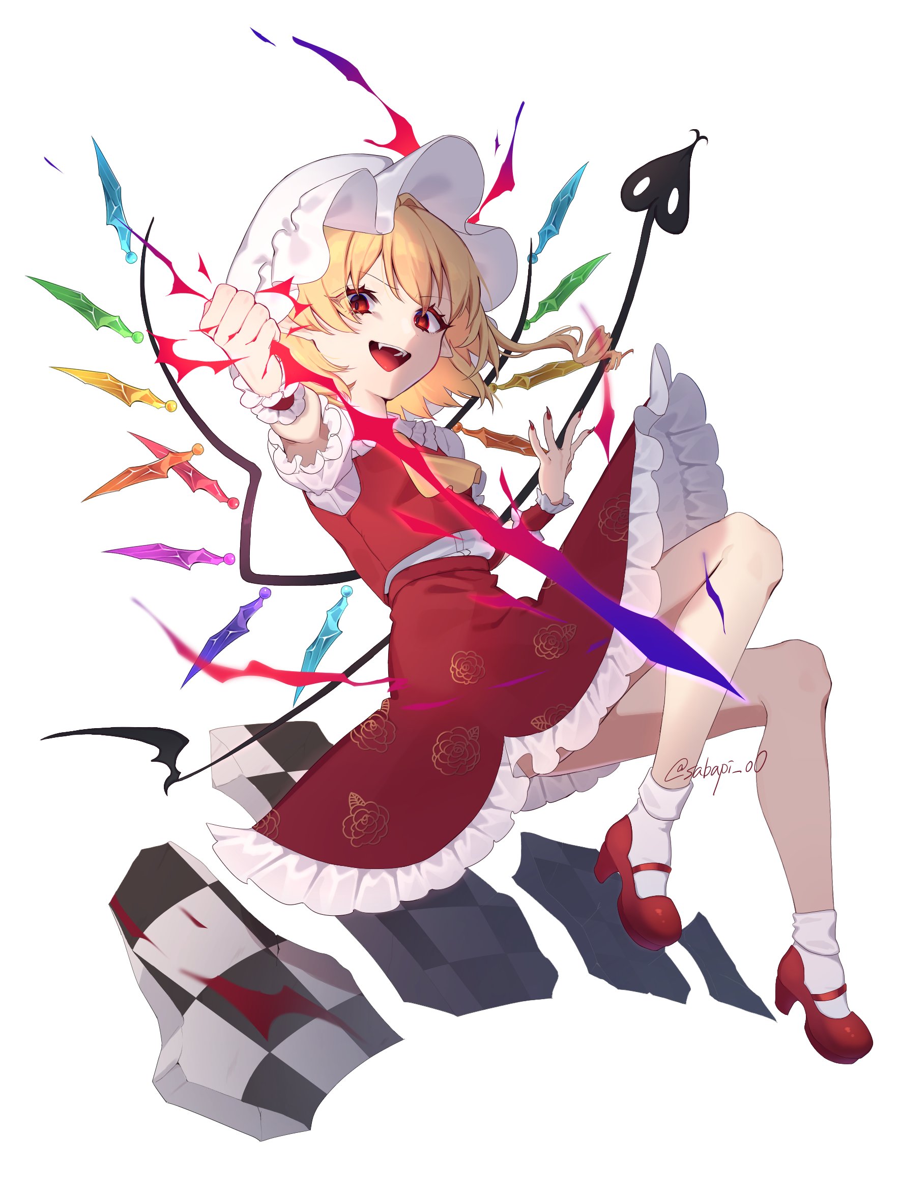 sabapi oo, flandre scarlet, touhou, highres, 1girl, ascot, blonde hair, crystal, crystal wings, floral print, full body, hat, hat ribbon, laevatein (touhou), mob cap, multicolored wings, open mouth, red eyes, red shoes, red skirt, red vest, ribbon, shoes, skirt, skirt set, socks, solo, teeth, vest, white hat, wings, yellow ascot
