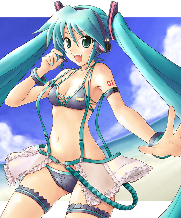 satogo, hatsune miku, vocaloid, aqua eyes, aqua hair, bikini, bracelet, day, headphones, jewelry, long hair, microphone, midriff, navel, solo, swimsuit, twintails