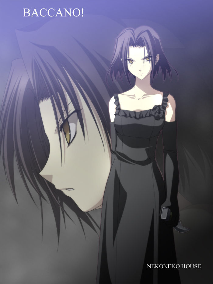 takepon, chane laforet, baccano!, 00s, black hair, dress, elbow gloves, gloves, knife, yellow eyes