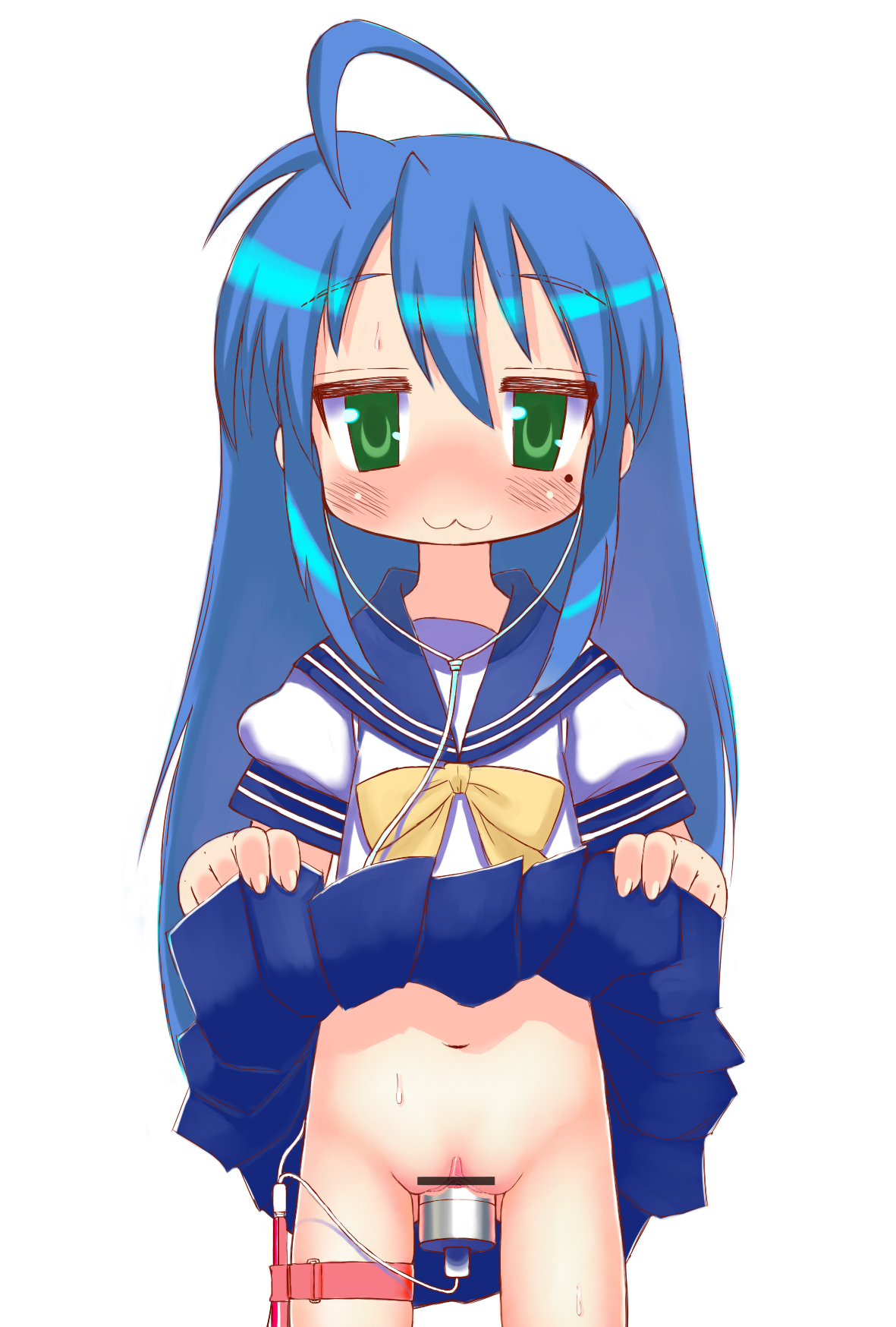 antan, izumi konata, lucky star, bad id, bad pixiv id, highres, 00s, 1girl, :3, ahoge, blue hair, blush, censored, clothes lift, digital media player, female focus, ipod, loli, mole, mole under eye, navel, object insertion, ribbon, school uniform, serafuku, sex toy, skirt, skirt lift, solo, sweat, vaginal, vaginal object insertion, vibrator