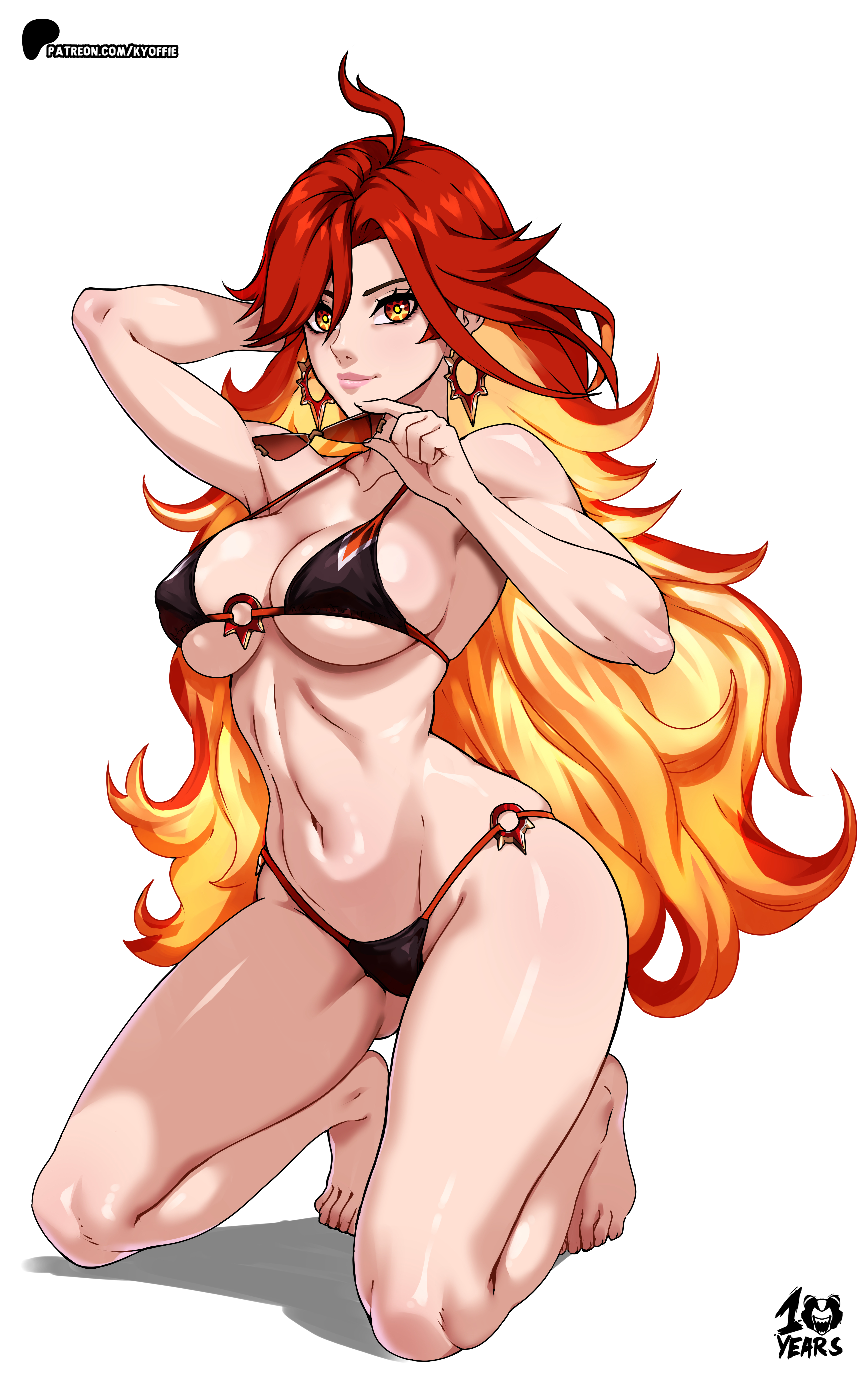 kyoffie, mavuika (genshin impact), genshin impact, absurdres, commentary, highres, 1girl, ahoge, arm behind head, artist name, barefoot, bikini, black bikini, breasts, closed mouth, earrings, full body, gradient hair, holding, holding removed eyewear, hoop earrings, jewelry, kneeling, large breasts, lips, long hair, looking at viewer, multicolored hair, navel, o-ring, o-ring bikini, orange hair, patreon logo, patreon username, red eyes, red hair, simple background, smile, solo, stomach, sunglasses, swimsuit, unworn eyewear, very long hair, white background