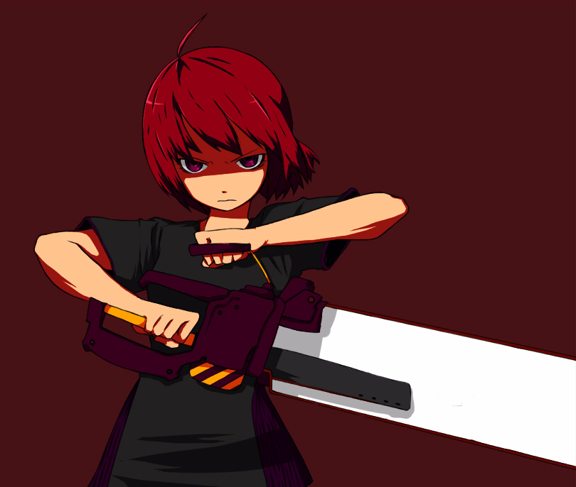 menea, original, 1girl, ahoge, angry, chainsaw, clenched hand, clenched hands, female focus, red eyes, red hair, solo