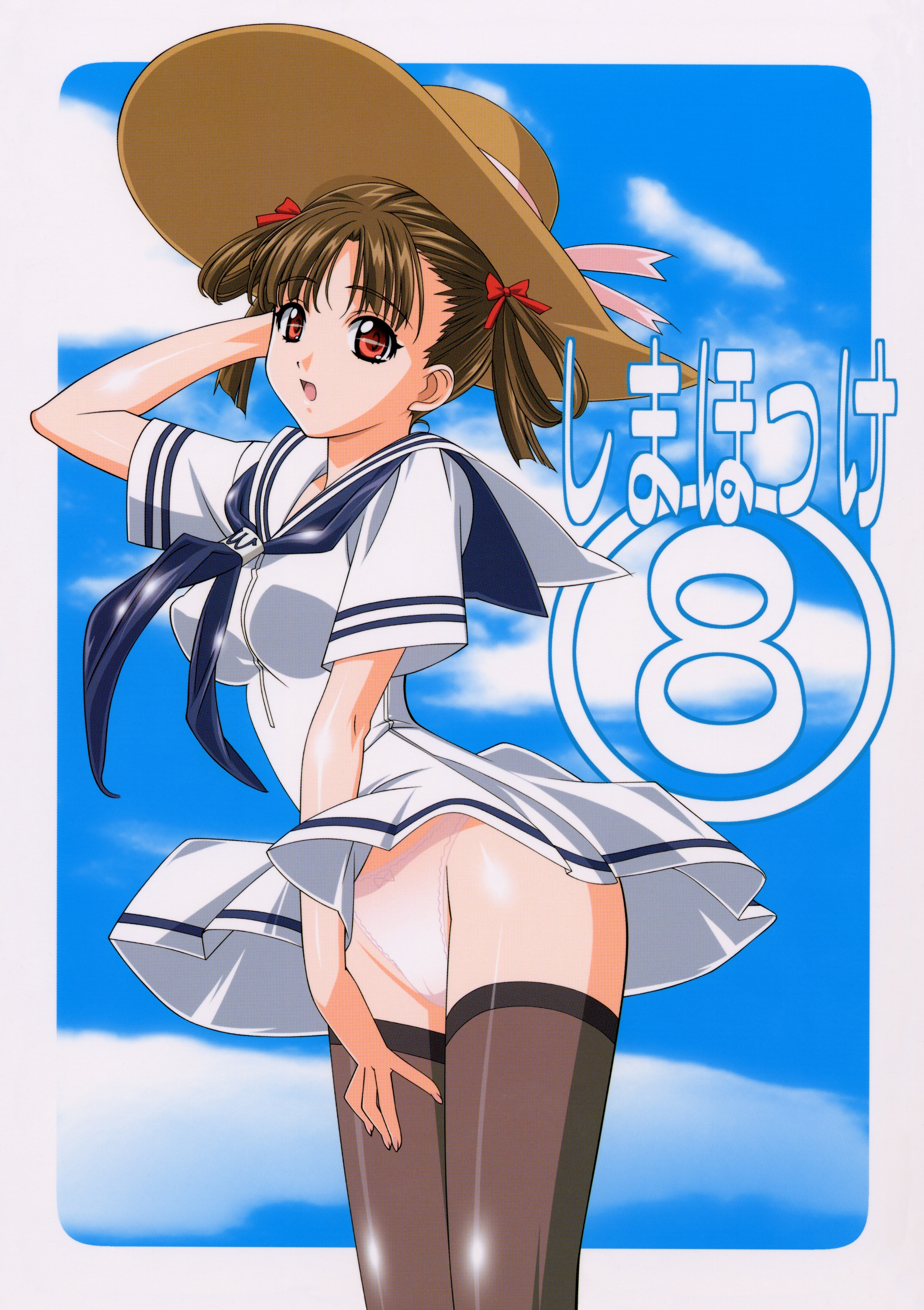 kuroda kazuya, sorayama natsume, sora no iro mizu no iro, absurdres, highres, 00s, 1girl, bare shoulders, breasts, brown hair, cameltoe, cloud, dress, female focus, hairdressing, hat, panties, red eyes, sailor dress, school uniform, see-through clothes, serafuku, short hair, solo, thighhighs, underwear, wind, wind lift