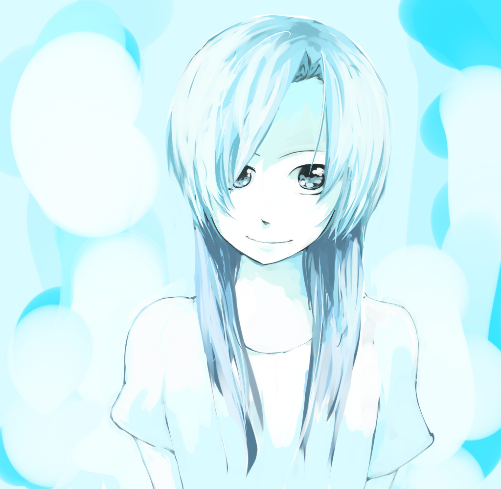 hoshii miki, kisaragi chihaya, idolmaster, idolmaster (classic), idolmaster 1, 00s, 1girl, blue theme, female focus, forehead, monochrome, shirt, smile, solo, t-shirt