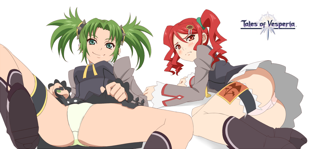 rutarou, droite (tales), gauche (tales), tales of (series), tales of vesperia, bad id, bad pixiv id, 00s, 2girls, ass, blush, boots, clothes lift, copyright name, green eyes, green hair, knee boots, legs, long legs, multiple girls, panties, red eyes, red hair, siblings, sisters, skirt, skirt lift, spread legs, thighs, twintails, underwear