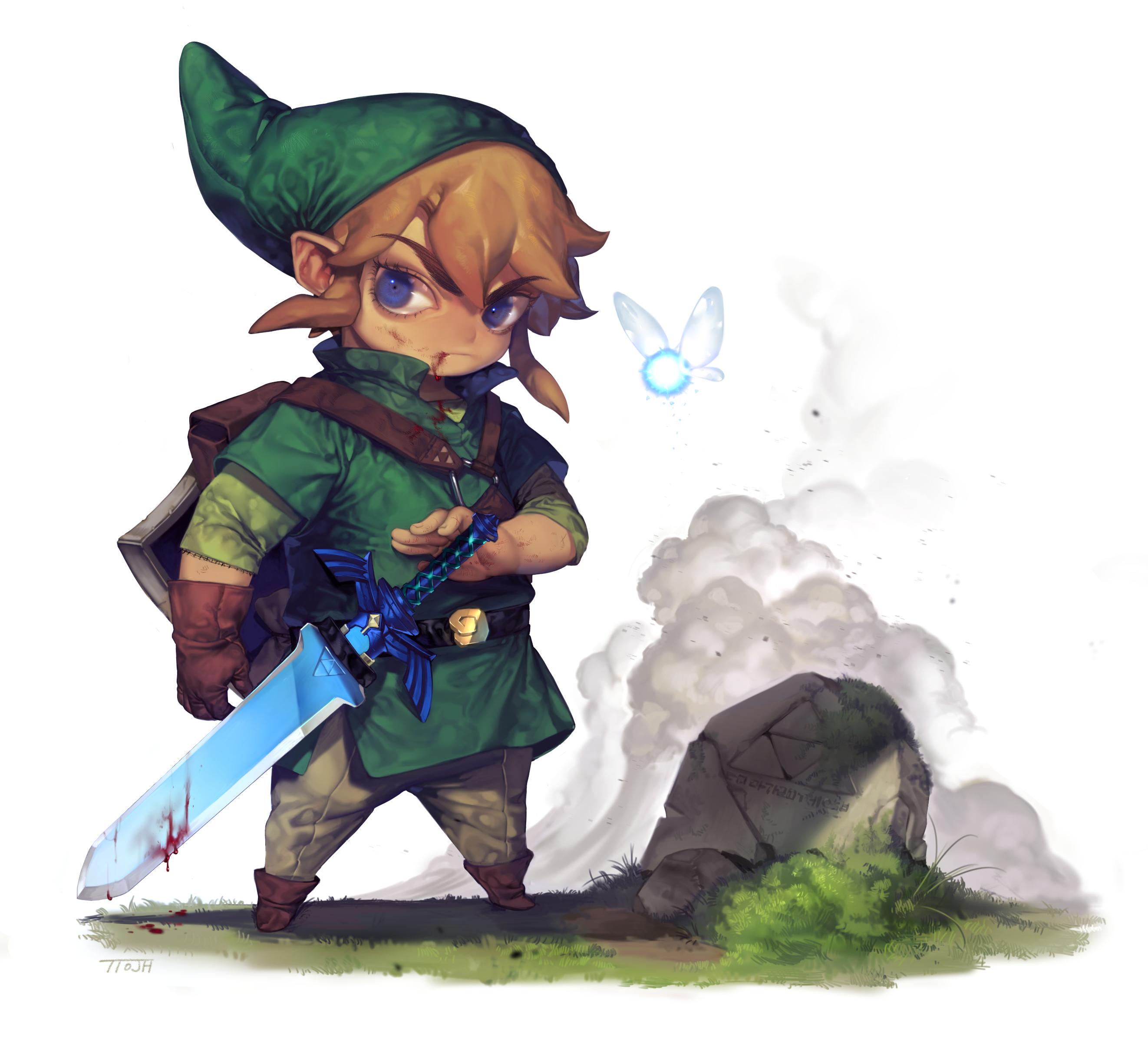 tto ja, link, nintendo, the legend of zelda, highres, 1boy, belt, blonde hair, blood, blue eyes, fairy, green hat, green tunic, hat, pants, shield, shield on back, sword, triforce, tunic, weapon