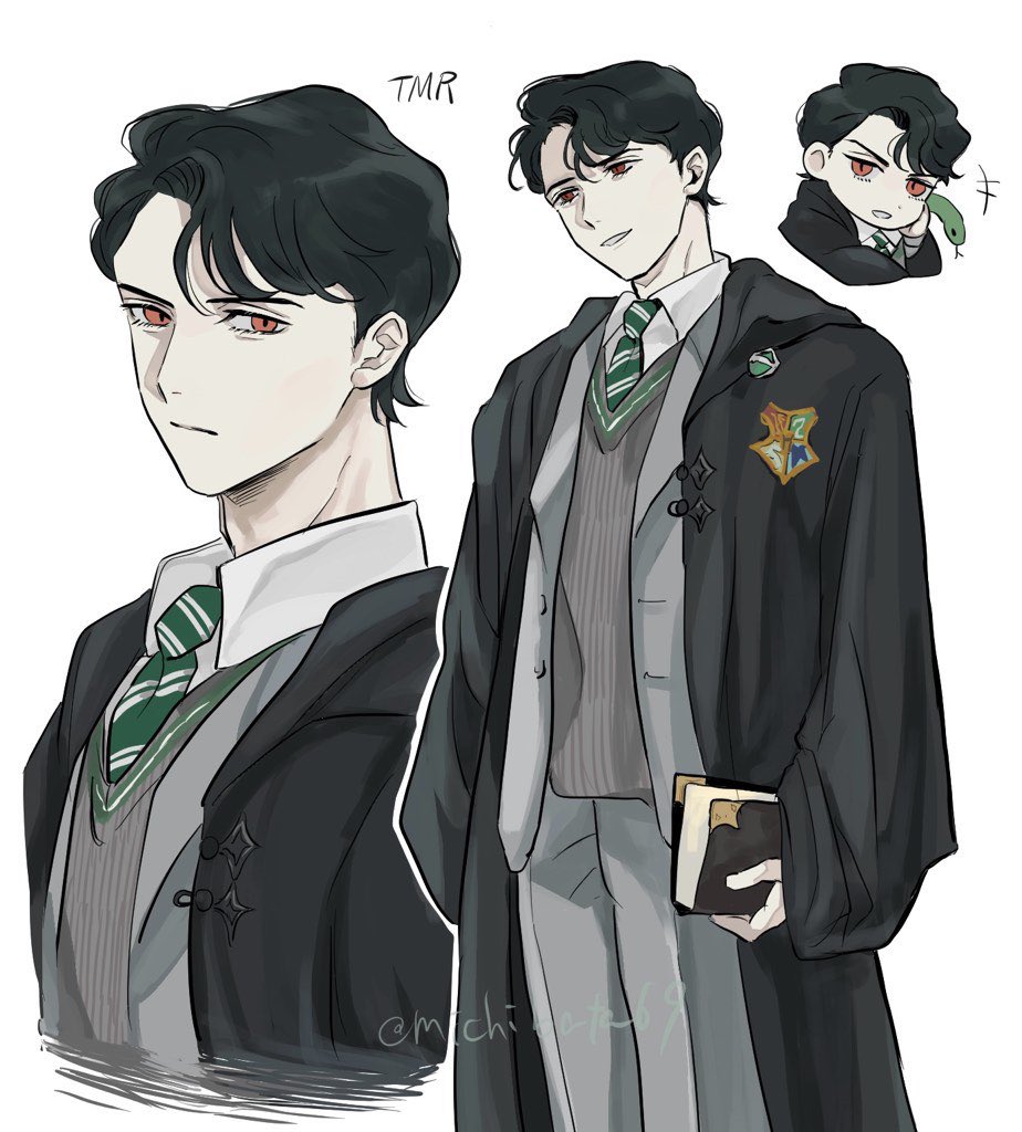 tom marvolo riddle, harry potter (series), wizarding world, 1boy, black hair, chibi, hogwarts school uniform, looking at viewer, male focus, michibata (michibata69), pale skin, red eyes, school uniform, smile, snake, solo, white background