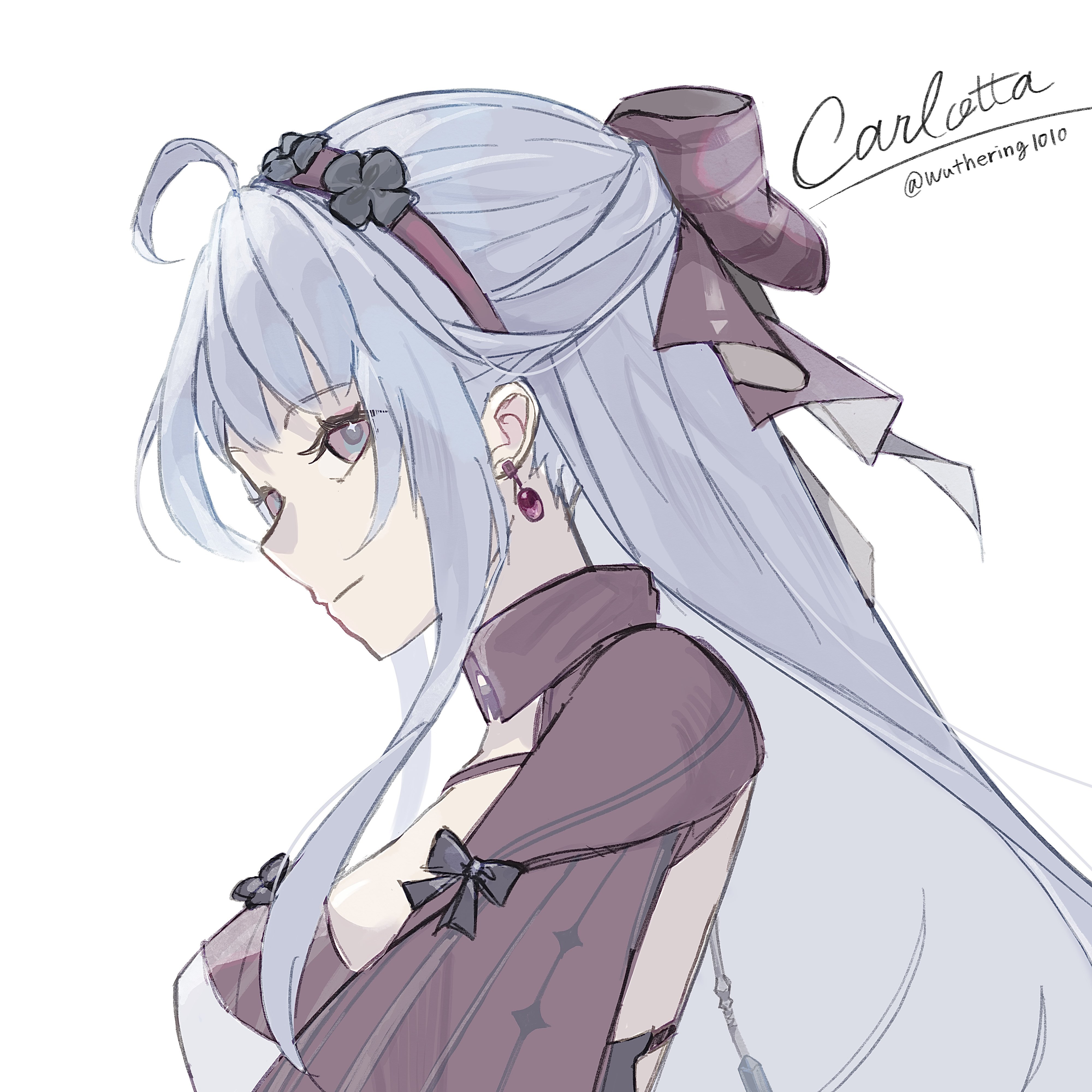 1010 (wuthering1010), carlotta (wuthering waves), wuthering waves, absurdres, commentary request, highres, 1girl, ahoge, bow, breasts, character name, closed mouth, earrings, from side, grey hair, hair bow, hairband, jacket, jewelry, long hair, looking at viewer, medium breasts, pink bow, pink eyes, pink hairband, pink jacket, simple background, smile, solo, twitter username, white background