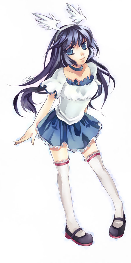 shiyun, arin (pangya), pangya, bad deviantart id, bad id, blue eyes, blue hair, head wings, long hair, skirt, socks, solo, thighhighs, wings