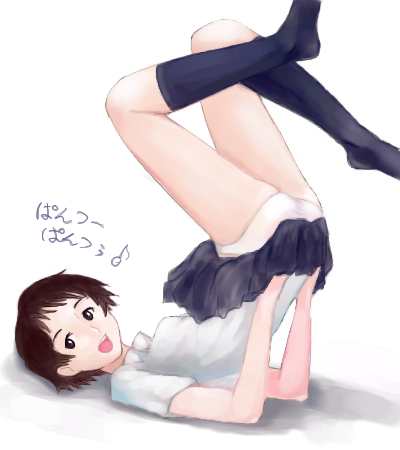 ray kudryavka, konno makoto, toki wo kakeru shoujo, lowres, translated, 00s, brown eyes, brown hair, clothes lift, kneehighs, panties, pantyshot, parted bangs, short hair, skirt, skirt lift, skirt tug, socks, solo, underwear, upside-down
