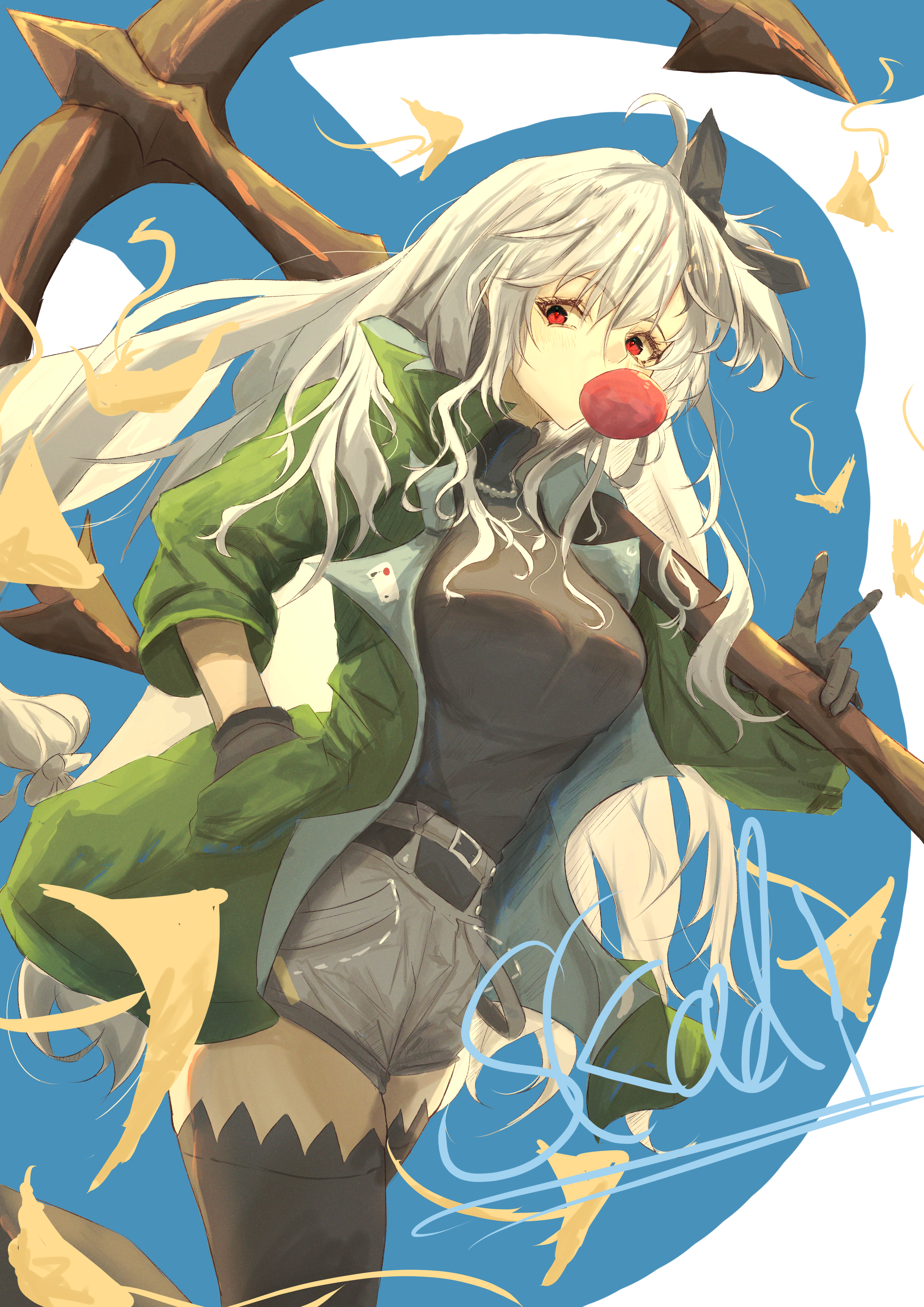 tsunehako, skadi (arknights), skadi (the next afternoon tea) (arknights), arknights, absurdres, highres, 1girl, anchor, apple, belt, black belt, black gloves, black sweater, black thighhighs, food, food in mouth, fruit, gloves, green jacket, grey hair, grey shorts, holding, holding anchor, jacket, long hair, official alternate costume, one side up, open clothes, open jacket, red eyes, shorts, solo, sweater, thighhighs, very long hair