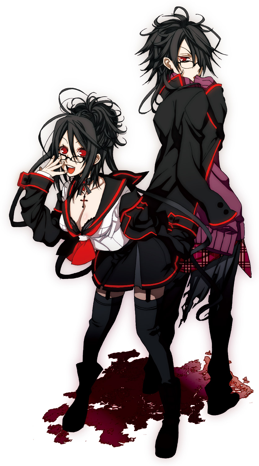 sena (mineruba), sena (pixiv), original, plaid, bad id, bad pixiv id, highres, 2girls, black hair, boots, breasts, choker, cleavage, cross, glasses, long sleeves, medium breasts, multiple girls, red eyes, school uniform, serafuku, skirt, smile, sweater, thighhighs