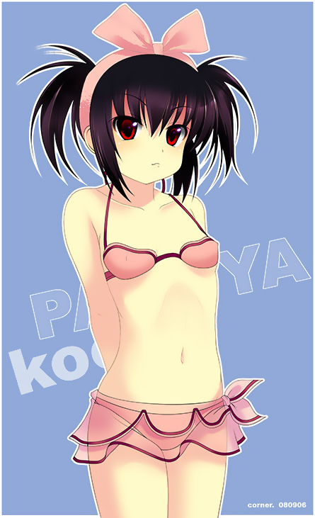 kooh (pangya), pangya, 1girl, bikini, black hair, bow, female focus, pink bikini, pink bow, pink theme, red eyes, ribbon, short hair, solo, swimsuit, twintails