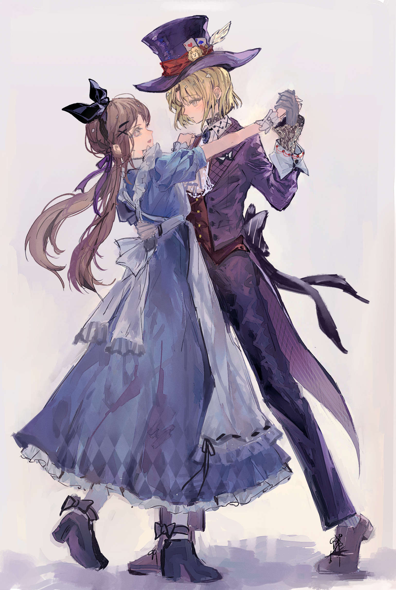 dimitri alexandre blaiddyd, dimitri alexandre blaiddyd (young), edelgard von hresvelg, edelgard von hresvelg (young), fire emblem, fire emblem: three houses, nintendo, artist request, commission, highres, 1boy, 1girl, aged down, alternate costume, blonde hair, blue dress, blue eyes, brown hair, closed mouth, couple, dancing, dress, formal clothes, from side, full body, gloves, hair between eyes, hair ribbon, hat, headband, hetero, holding, holding sword, holding weapon, long hair, looking at another, open mouth, pant suit, pants, parted bangs, purple eyes, purple ribbon, purple suit, ribbon, short hair, short sleeves, simple background, standing, suit, sword, twintails, weapon, wrist cuffs