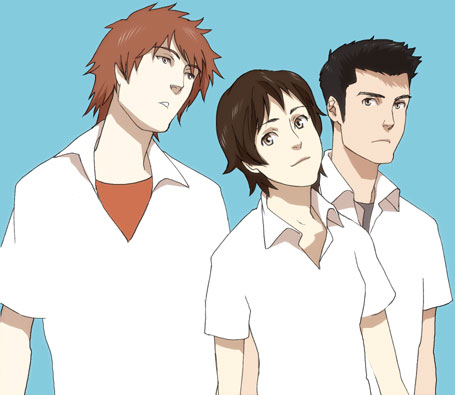 tabomi, konno makoto, mamiya chiaki, tsuda kousuke, toki wo kakeru shoujo, lowres, 00s, 1girl, 2boys, brown eyes, brown hair, multiple boys, short hair