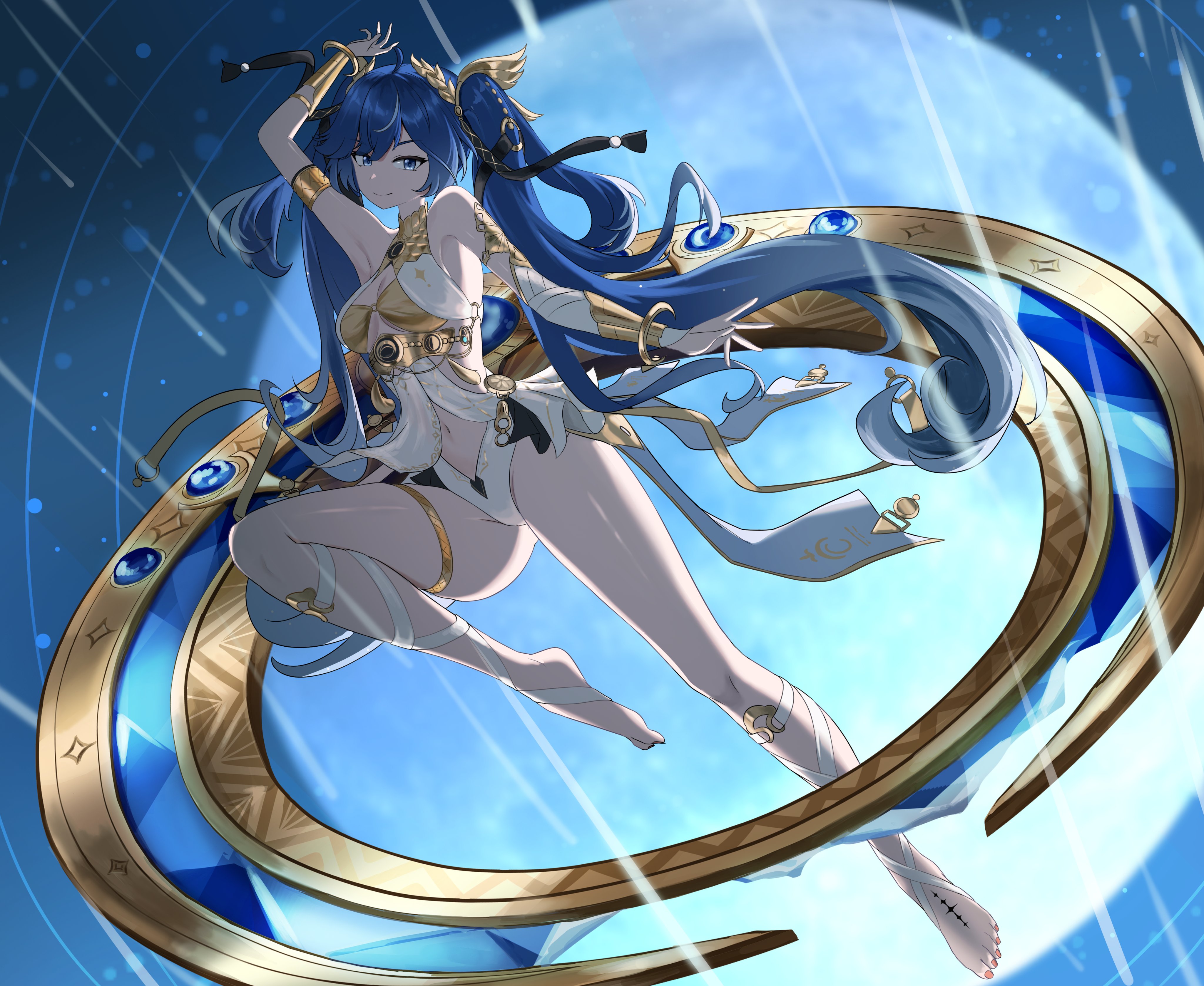 iuno (wuthering waves), wuthering waves, absurdres, commentary request, highres, korean commentary, 1girl, ahoge, arm up, armlet, bare shoulders, barefoot, blue eyes, blue hair, breasts, closed mouth, feet, gold bra, hair belt, jewelry, laurel crown, long hair, looking at viewer, medium breasts, multicolored hair, navel, reikacatfish, smile, solo, streaked hair, tacet mark (wuthering waves), thighlet, thighs, toes, twintails, vambraces, very long hair