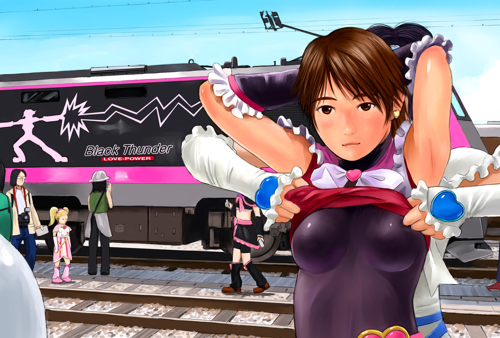 mimura kaoru, cure black, cure white, kujou hikari, misumi nagisa, shiny luminous, yukishiro honoka, futari wa precure, futari wa precure max heart, original, precure, highres, 2boys, 4girls, brown eyes, brown hair, clothes lift, cosplay, cure black (cosplay), cure white (cosplay), earrings, electric locomotive, jewelry, lips, locomotive, magical girl, multiple boys, multiple girls, shiny luminous (cosplay), shirt lift, short hair, train