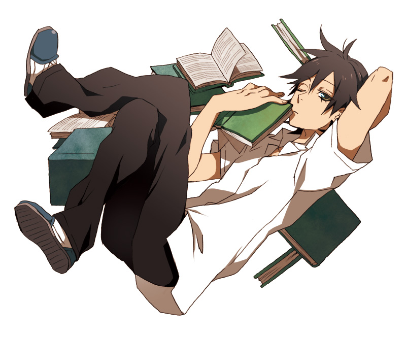 sena (mineruba), sena (pixiv), kudou jun, sayonara zetsubou sensei, 00s, 1boy, book, brown hair, male focus, one eye closed, shoes, short hair, solo, wink