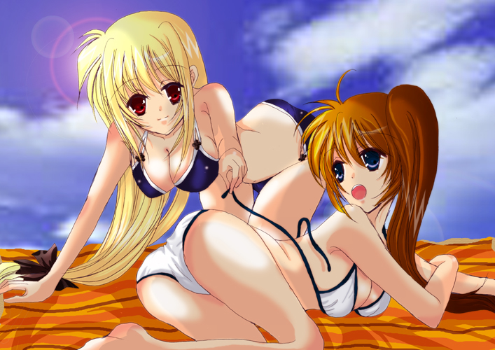 hina sasaki, fate testarossa, takamachi nanoha, lyrical nanoha, mahou shoujo lyrical nanoha, mahou shoujo lyrical nanoha strikers, bad id, bad pixiv id, 00s, 2girls, ass, bikini, blonde hair, bow, breasts, brown hair, cleavage, clothes lift, day, hair bow, large breasts, long hair, multiple girls, open mouth, purple eyes, raimiroku, red eyes, shirt lift, side ponytail, swimsuit, underboob, undressing, very long hair