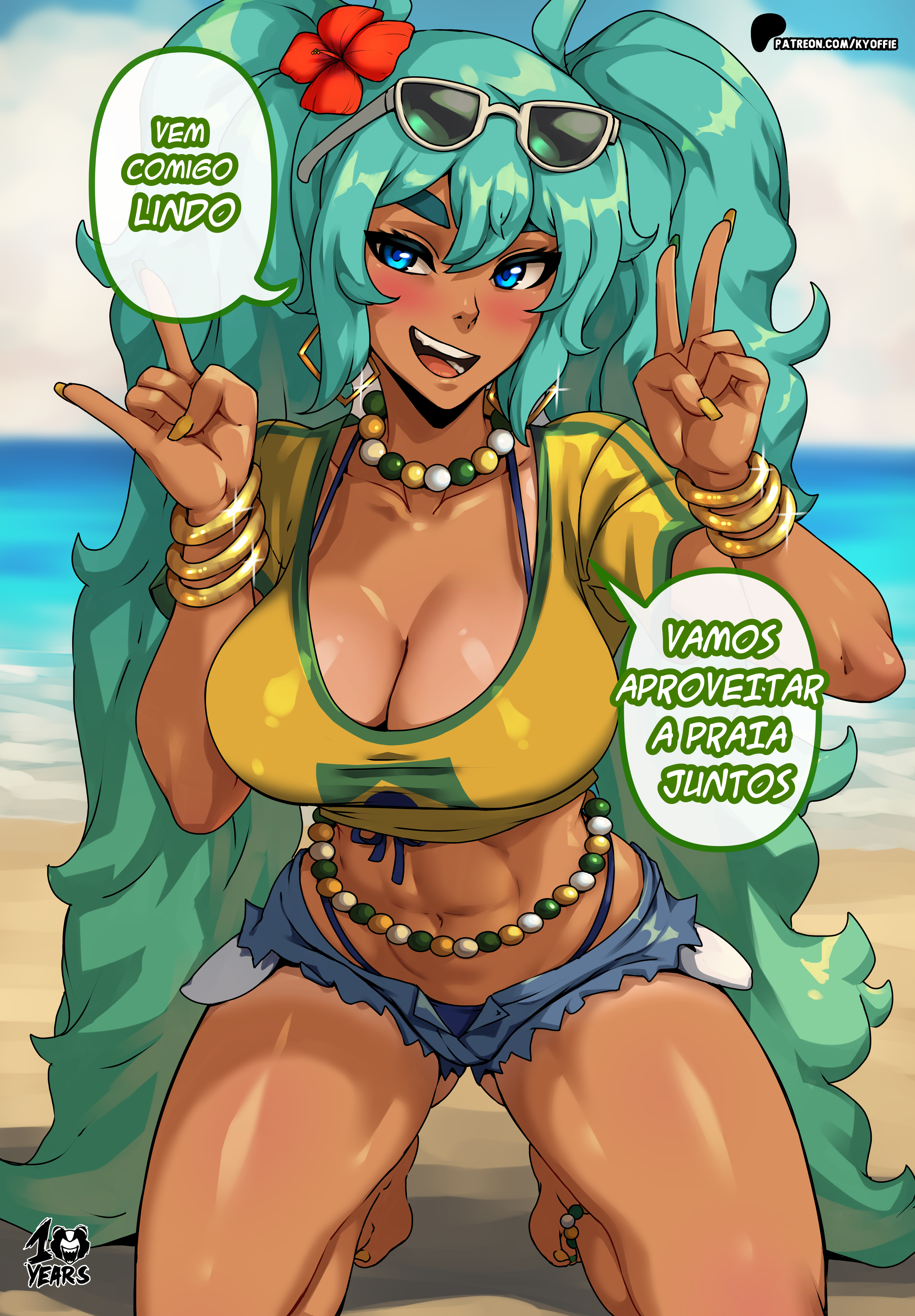 kyoffie, brazilian miku, hatsune miku, vocaloid, absurdres, commentary, highres, translation request, 1girl, n/, abs, anklet, aqua hair, arms up, artist name, barefoot, beach, bead necklace, beads, belly chain, bikini, bikini under clothes, blue eyes, blue sky, bracelet, brazilian flag, brazilian flag print, breasts, cleavage, cutoffs, day, denim, denim shorts, eyewear on head, flag print, flower, front-tie bikini top, front-tie top, green nails, green trim, hair flower, hair ornament, jewelry, kneeling, long hair, looking at viewer, multiple bracelets, necklace, open fly, open mouth, outdoors, patreon logo, patreon username, portuguese text, red flower, shirt, short shorts, shorts, sky, smile, solo, speech bubble, sunglasses, swimsuit, twintails, v, very long hair, white-framed eyewear, yellow nails, yellow shirt