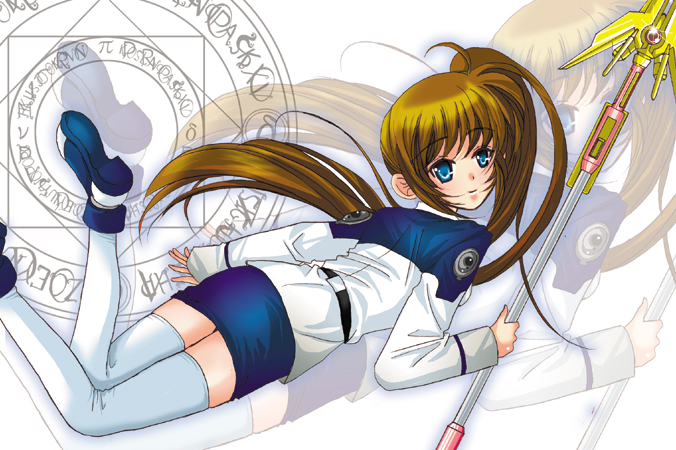 hina sasaki, raising heart, takamachi nanoha, lyrical nanoha, mahou shoujo lyrical nanoha, mahou shoujo lyrical nanoha strikers, bad id, bad pixiv id, 00s, 1girl, blue eyes, breasts, brown hair, clothes lift, female focus, long hair, lying, magazine (weapon), magic circle, military, military uniform, miniskirt, octagram, on stomach, pencil skirt, purple eyes, raimiroku, red hair, shirt lift, side ponytail, skirt, smile, solo, staff, thighhighs, underboob, zettai ryouiki, zoom layer