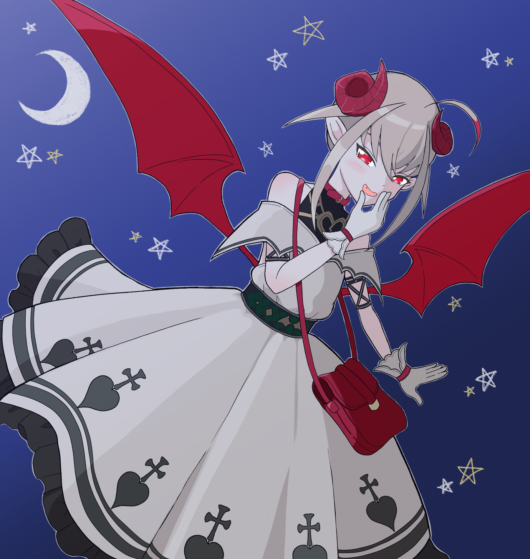 makaino ririmu, makaino ririmu (1st costume), nijisanji, highres, 1girl, ahoge, bag, bare shoulders, belt collar, black shirt, blue background, blush, bracelet, broken heart print, collar, colored tips, crescent, cross, cross print, curled horns, demon horns, demon wings, dress, fang, feet out of frame, floating clothes, frilled dress, frills, gloves, gradient background, grey hair, hair between eyes, hand to own mouth, handbag, heart, heart print, horns, jewelry, long dress, looking at viewer, low wings, multicolored hair, naughty face, off-shoulder dress, off shoulder, outline, peanut mouth, pointy ears, red bag, red collar, red eyes, red hair, red horns, red wings, shirt, shirt under dress, short hair, shoulder bag, sidelocks, smile, solo, star (symbol), streaked hair, undershirt, virtual youtuber, white dress, white gloves, white outline, whtb taro, wings