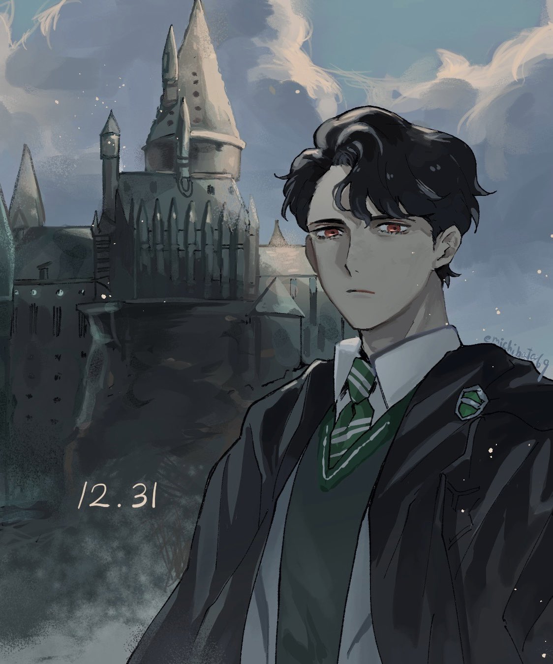 tom marvolo riddle, harry potter (series), wizarding world, highres, 1boy, black hair, hogwarts, hogwarts school uniform, looking at viewer, looking down, male focus, michibata (michibata69), pale skin, red eyes, school uniform, solo