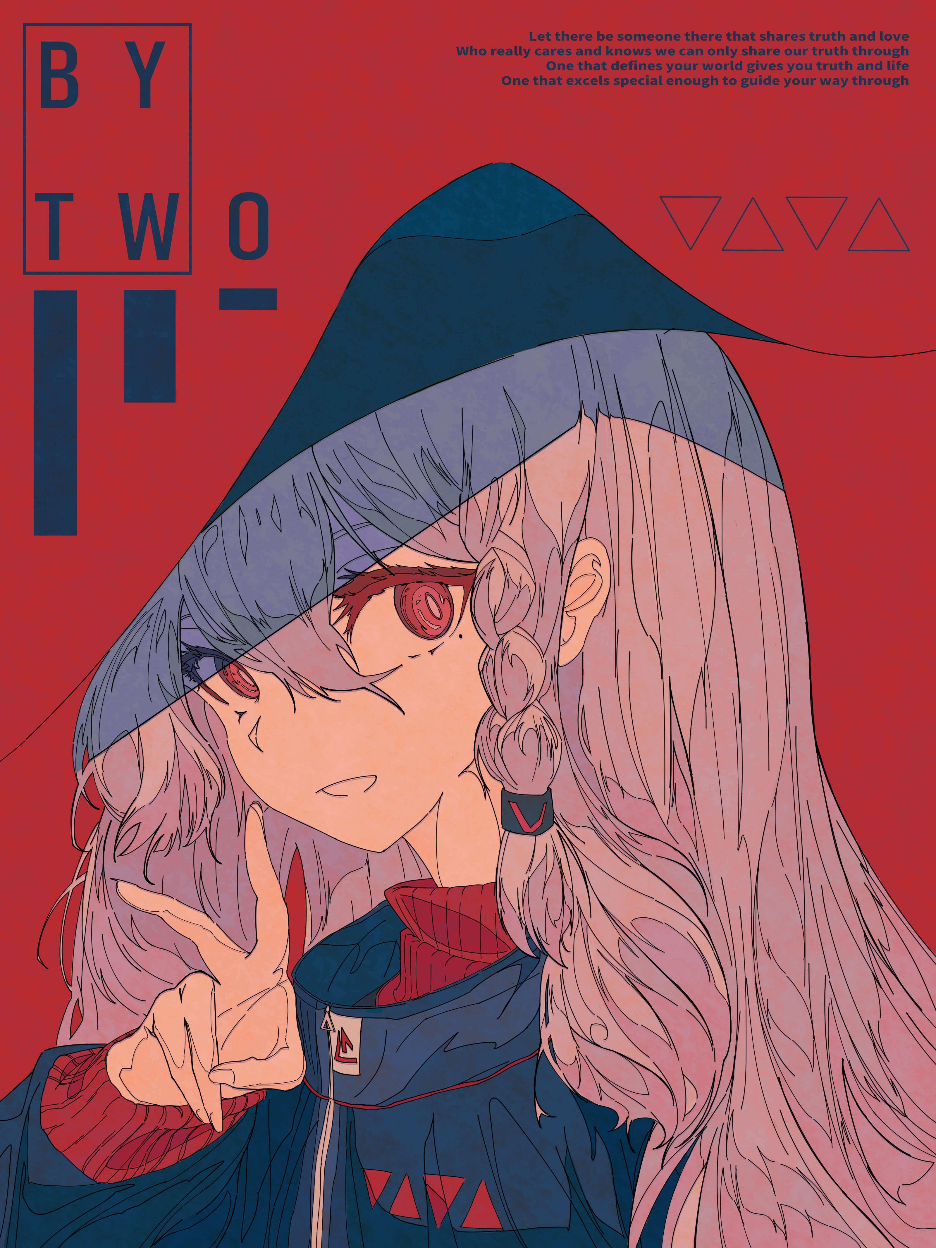 sxxr7352, skadi (arknights), arknights, absurdres, highres, 1girl, alternate costume, alternate hairstyle, braid, braided sidelock, english text, flat color, grey hair, hair between eyes, jacket, ligne claire, long hair, long sleeves, looking at viewer, parted lips, portrait, red background, red eyes, red shirt, shadow, shirt, simple background, smile, solo, triangle, turtleneck, v, very long hair