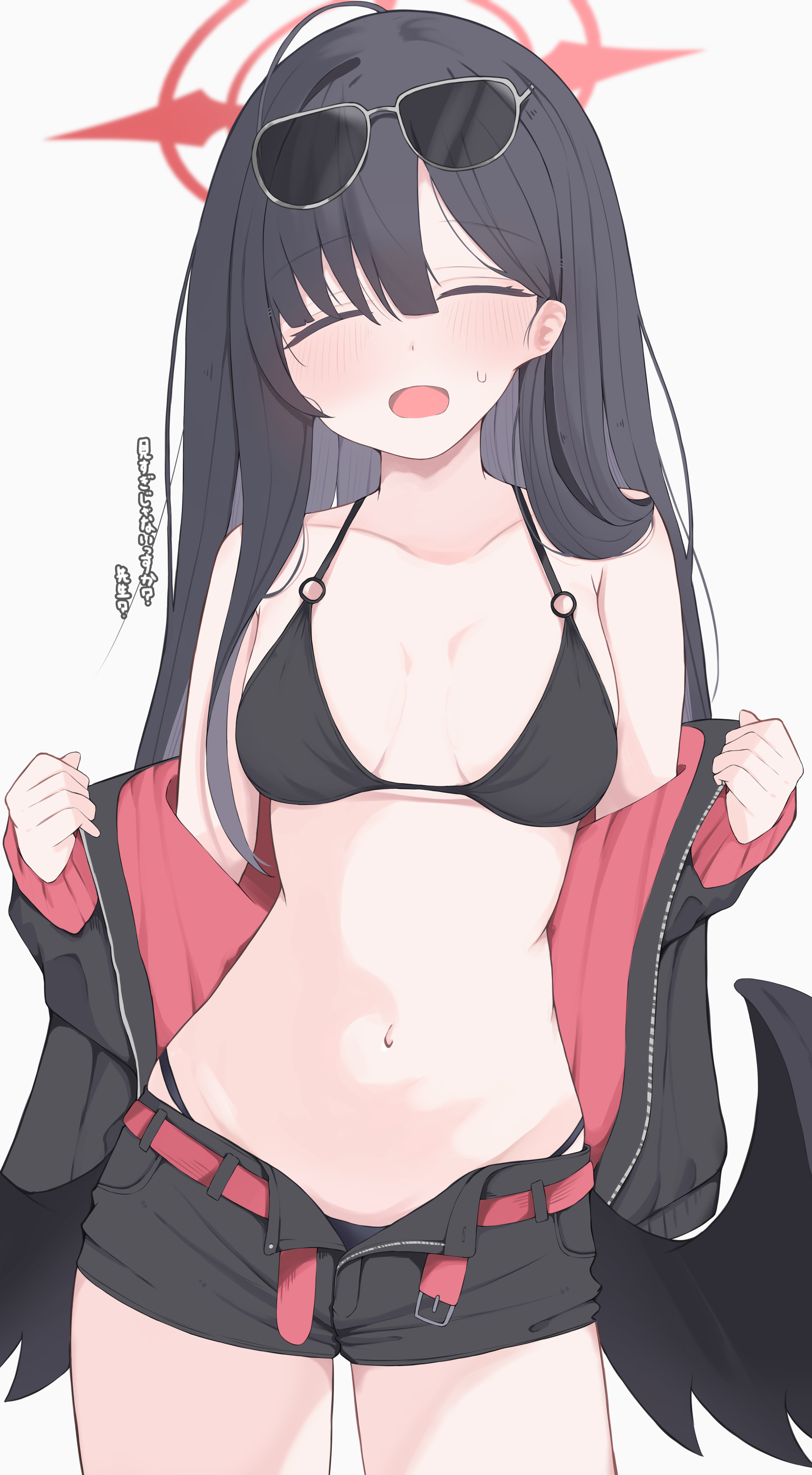 nui (nuinui0300), ichika (blue archive), ichika (swimsuit) (blue archive), blue archive, absurdres, highres, variant set, 1girl, bikini, black bikini, black hair, black shorts, black wings, breasts, closed eyes, eyewear on head, halo, jacket, long hair, medium breasts, navel, official alternate costume, red halo, shorts, simple background, solo, swimsuit, white background, wings