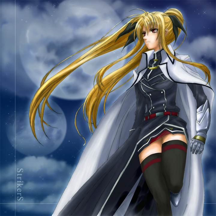 lina (interlude), fate testarossa, fate testarossa (impulse form), lyrical nanoha, mahou shoujo lyrical nanoha, mahou shoujo lyrical nanoha strikers, uniform, bad id, bad pixiv id, 00s, blonde hair, cape, gauntlets, long hair, miniskirt, moon, red eyes, skirt, solo, thighhighs, twintails, very long hair, zettai ryouiki