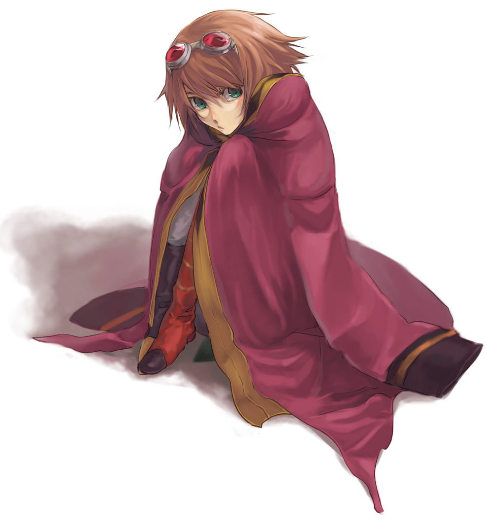 mr misoshiru, rikuhara mitsuji, rita mordio, tales of (series), tales of vesperia, 00s, 1girl, asymmetrical footwear, bob cut, boots, borrowed clothes, brown hair, cape, female focus, goggles, green eyes, mismatched footwear, red boots, short hair, simple background, sitting, solo, white background