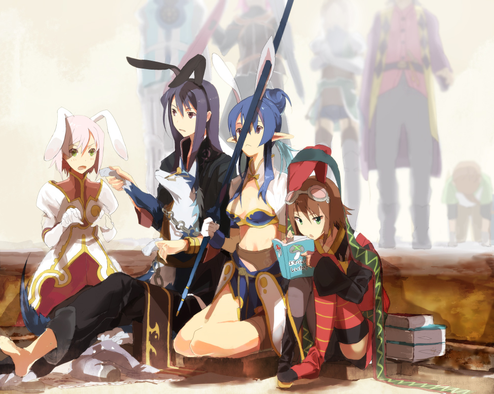 tanu, estellise sidos heurassein, flynn scifo, judith (tales), karol capel, raven (tales), repede (tales), rita mordio, sodia (tales), yuri lowell, zagi (tales), tales of (series), tales of vesperia, bad id, bad pixiv id, 00s, 4girls, 6+boys, :<, animal ears, blue hair, bob cut, book, boots, gloves, goggles, green eyes, kiseru, long hair, multiple boys, multiple girls, pink hair, pointy ears, prostration, rabbit ears, short hair, smoking, smoking pipe, thighhighs, white gloves