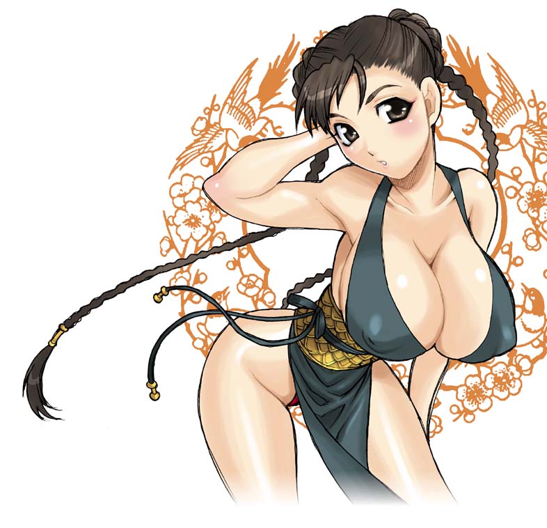 yukiyanagi, chun-li, capcom, street fighter, street fighter ii (series), street fighter iv (series), 1990s (style), 1girl, alternate costume, armpits, black hair, braid, breasts, brown eyes, brown hair, china dress, chinese clothes, cleavage, covered erect nipples, double bun, dress, female focus, hair bun, hip focus, huge breasts, large breasts, legs, midriff, muscular, nipples, pelvic curtain, retro artstyle, sash, short hair, sideboob, solo, wide hips