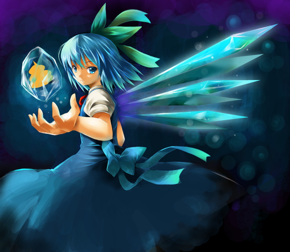 michii yuuki, cirno, shoot the bullet, touhou, bad id, bad pixiv id, 1girl, blue eyes, blue hair, female focus, ice, matching hair/eyes, poop, ribbon, short hair, solo, wings
