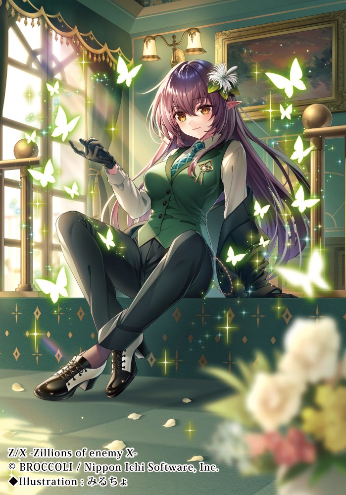 milcho, z/x, official art, 1girl, black hair, black shoes, breasts, bug, butterfly, copyright notice, crossed ankles, flower, gloves, glowing butterfly, green gloves, green necktie, green pants, green vest, hair flower, hair ornament, indoors, insect, light particles, long hair, multicolored shoes, necktie, painting (object), pants, pecteilis, petals, plaid clothes, plaid necktie, pointy ears, shirt, shoes, sitting, solo, sparkle, vest, white shirt, white shoes, window, yellow eyes