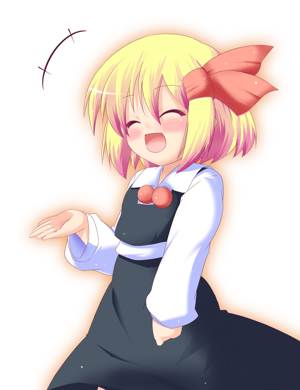 gobaku (pixiv), gobaku arashi, rumia, embodiment of scarlet devil, touhou, colorized, highres, 1girl, blonde hair, blush, closed eyes, female focus, hair ribbon, necktie, open mouth, red eyes, ribbon, short hair, solo